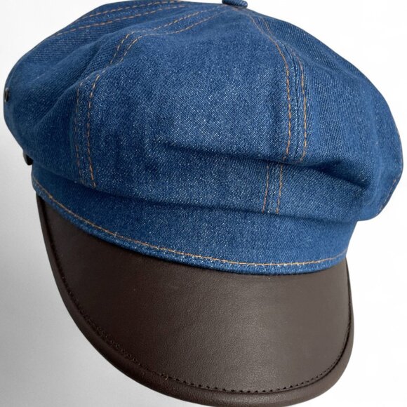 Vintage Denim Jean Leather Fisherman Captain Disco Sterkowski Cap Hat One Size - Picture 3 of 9